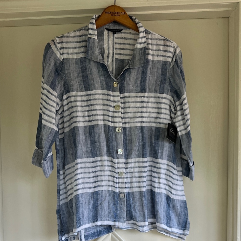 John Mark Linen Blue and White Striped Button Down Shirt Size M New with tags
